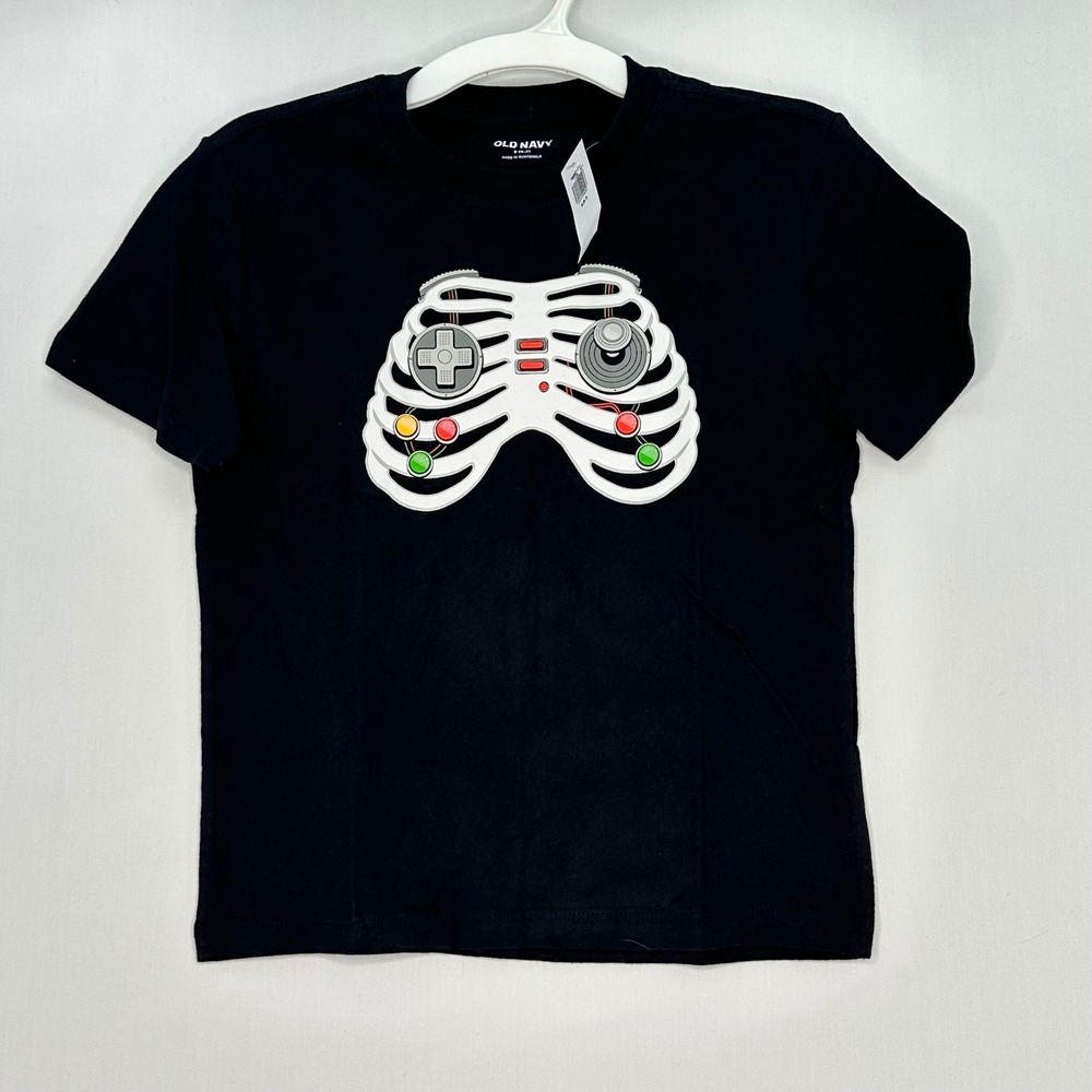 Kids Black Skeleton Game Controller‎ T Shirt Size S 6-7 NWT Graphic Fun Short